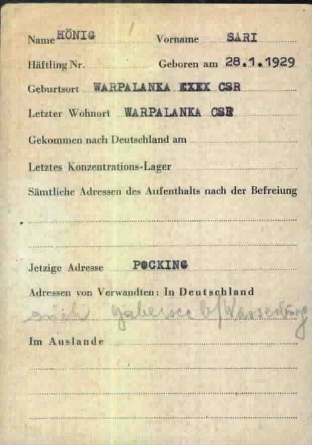 The identity card of Sári Hönig, born in Várpalánka, issued in the Pocking camp after liberation (Arolsen Archives ITS)